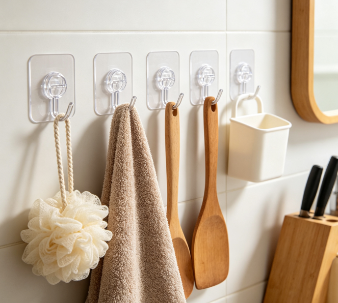 Heavy Duty Self Adhesive Wall Hooks, Waterproof No Drill Transparent Hanging Hooks for Bathroom Kitchen Towel Coat Utensils Organizing